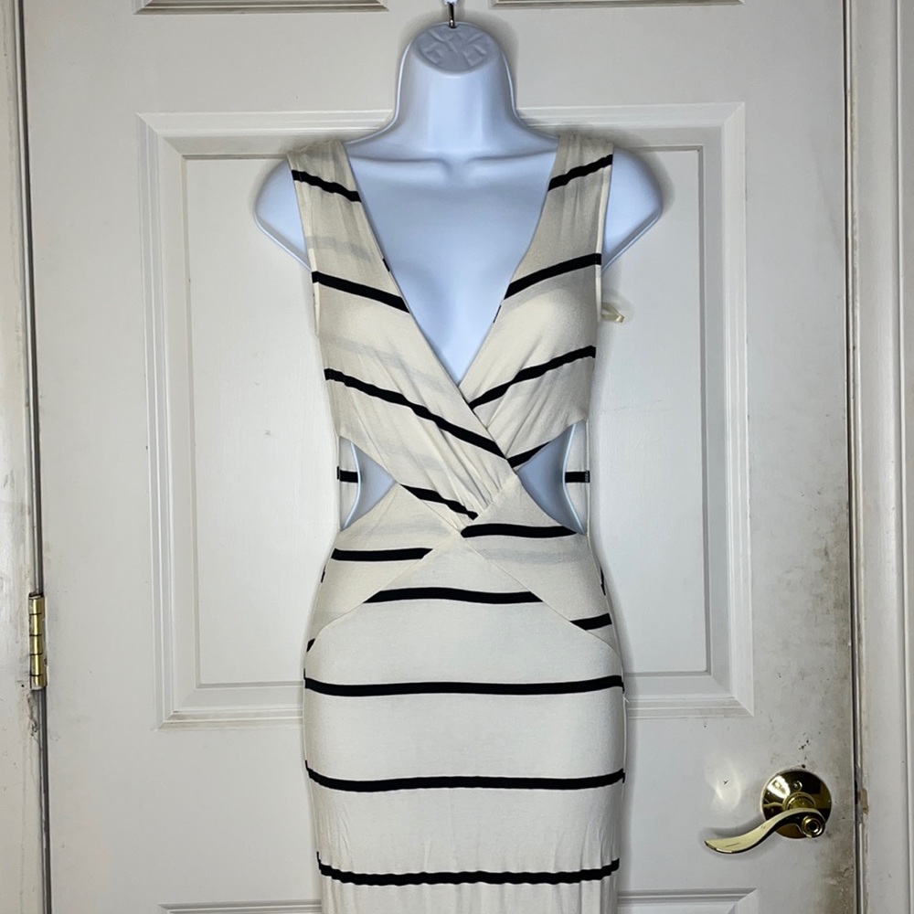 Cream and Black Striped Cutout Wrap Dress